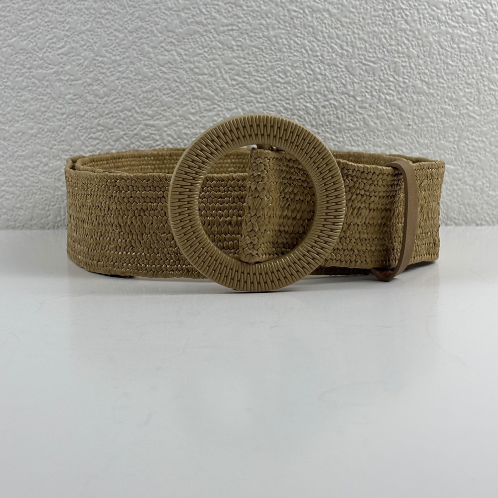 Woven Stretch Belt Womens XL Tan Round Buckle Raffia Style